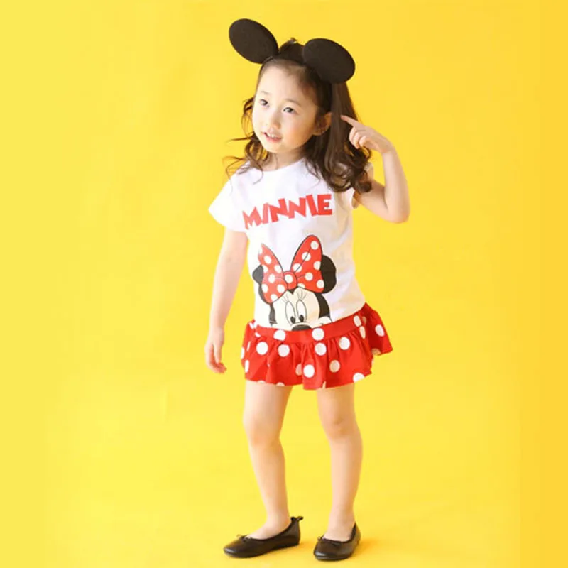 Летняя футболка в горошек с Минни для маленьких девочек + юбка комплект из 2
