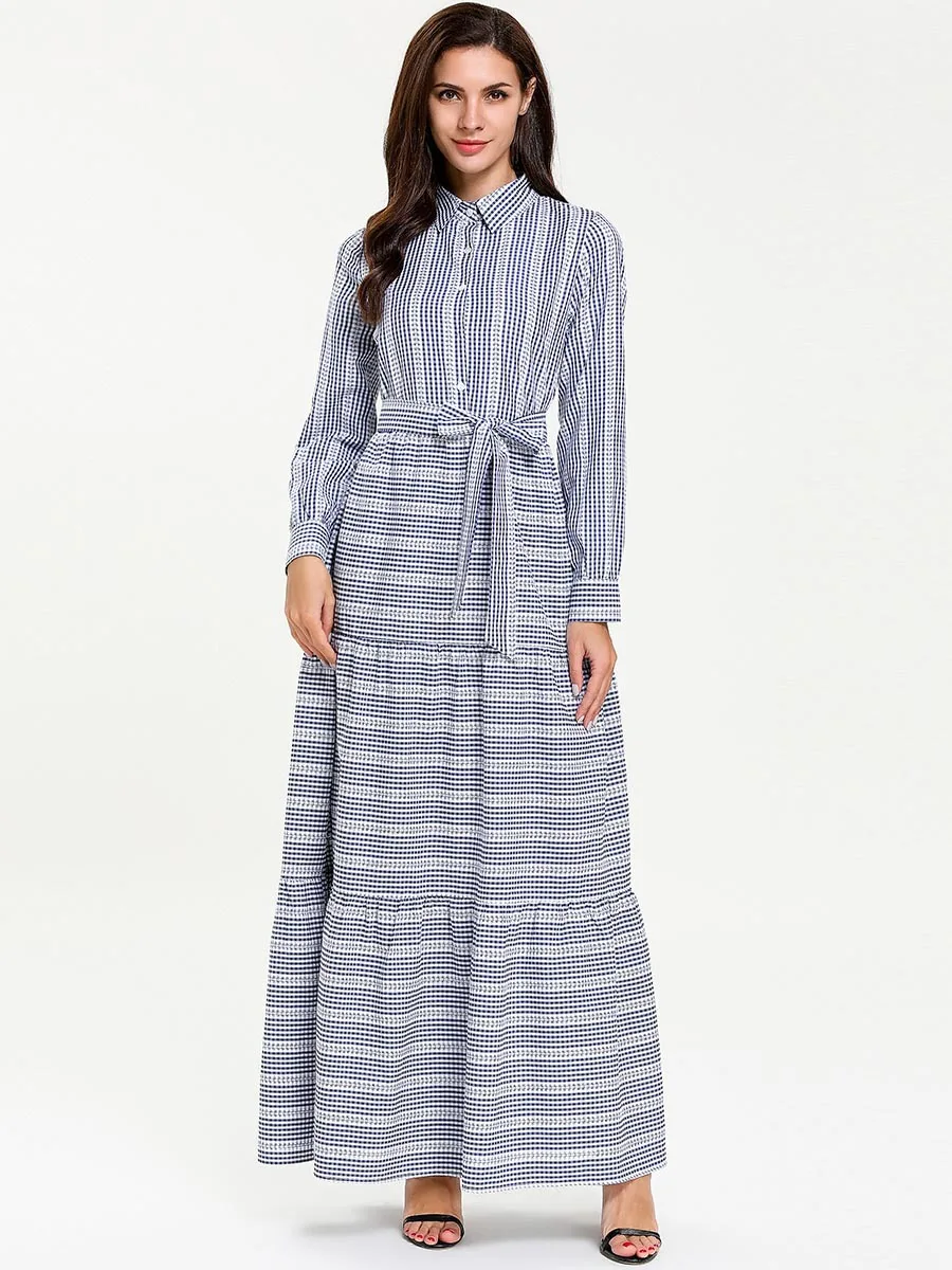 Женское офисное длинное платье в полоску с поясом абайя модное турецкое