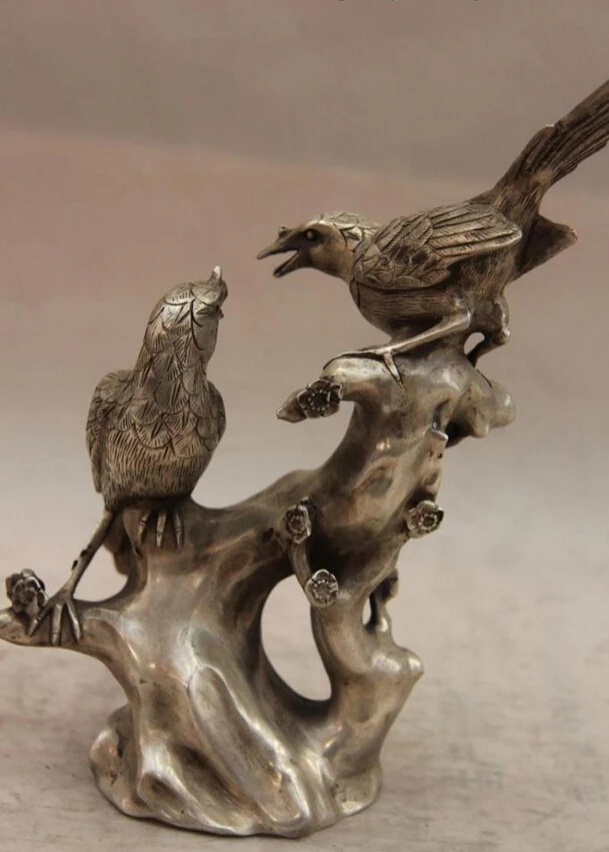 

S1541 China White Copper Silver Lucky Bird 2 Magpie Plum blossom Flower Art Statue