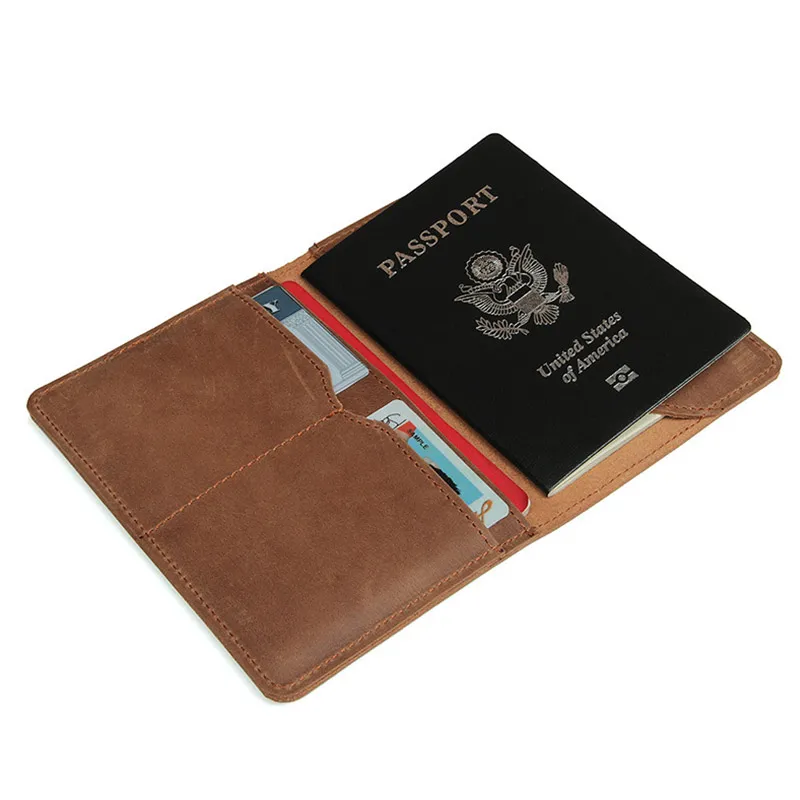Unisex Crazy Horse Leather Passport Cover Women Men Genuine Leather Passport Case Pocket Carry Travel Card Holder Wallet