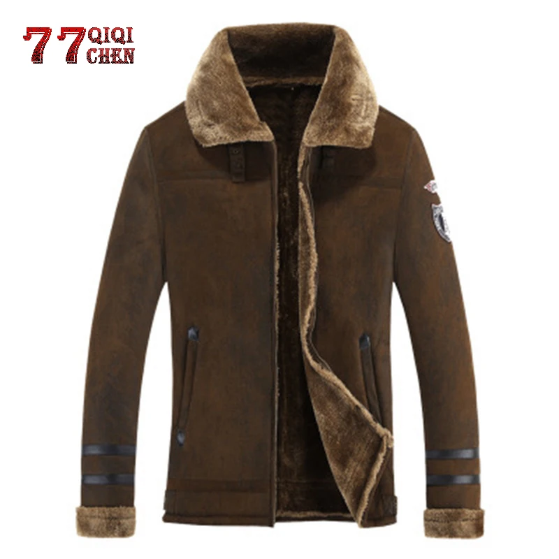 

Men Winter Warm Thick Faux Fur Collar Leather Jacket Coat New 2021 Plus Size M-4XL Luxury Wool Faux Fur Coat Long Suede Jacket