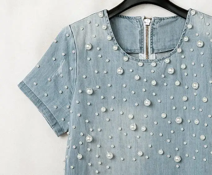 Большие размеры женские жемчужные платье из джинсовой ткани Короткие джинсы