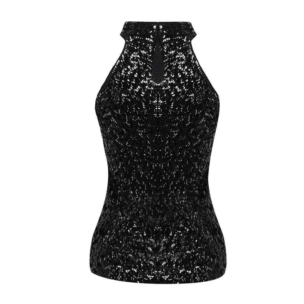 Black CHAMSGEND майки, сексуальные женские водолазки без бретелек, модные блестки, украшенные сверкающими Топики, без рукавов, однотонный жилет 32DEC30 - Цвет: Black