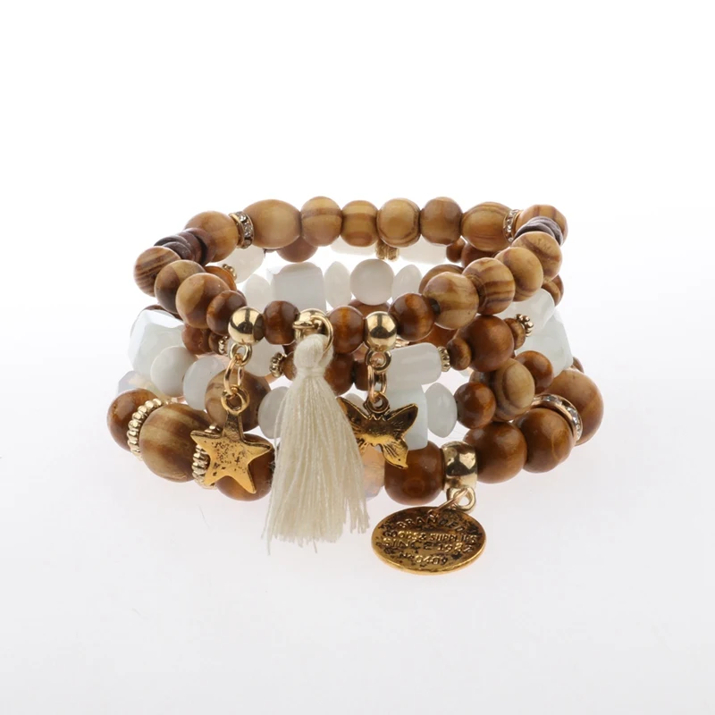 OIQUEI/ ; 4 шт./компл.; женские модные ювелирные изделия; Комплект браслетов; Boho; винтажный многослойный деревянный браслет с подвеской; Femme