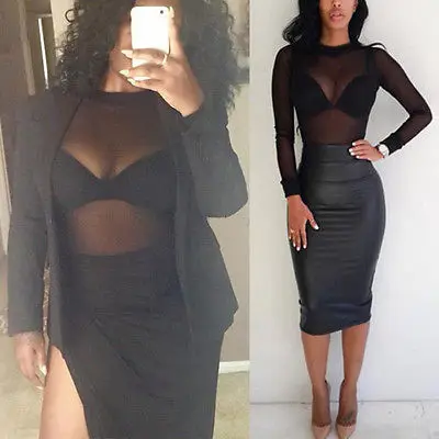 

Women High Turtle Neck Sheer Mesh Long Sleeve Shirts Ladies See Through Tops Blouses