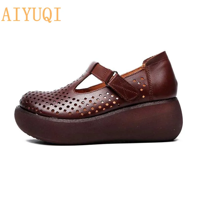 AIYUQI; женские босоножки на платформе; обувь на танкетке; Новинка года; женские сандалии из натуральной кожи на толстой подошве в винтажном стиле; женские сандалии на плоской подошве; повседневная обувь