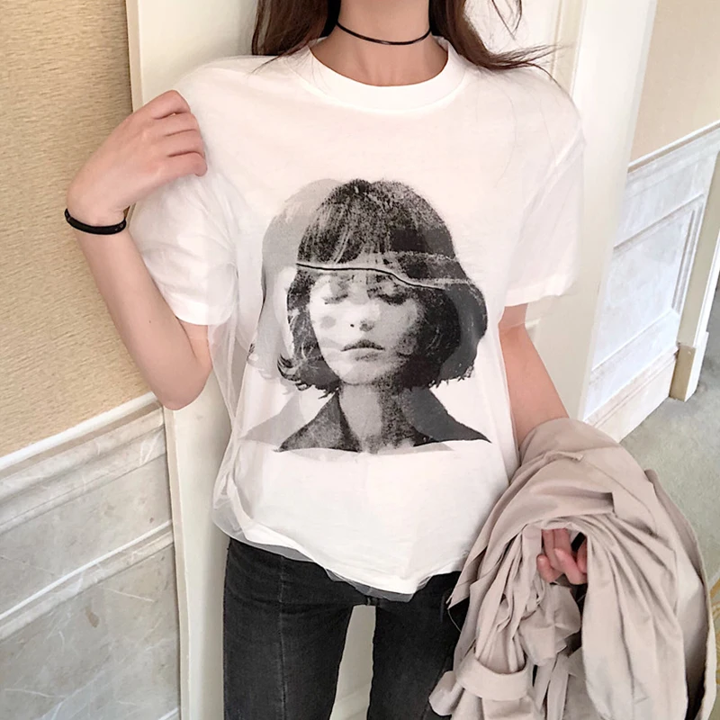 RUGOD шикарная белая сетчатая Лоскутная панк печать Harajuku футболка женская 2018