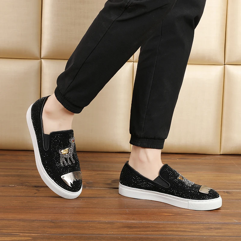 Luxury brand Animal Prints designer deer embroidery Rhinestone Men Loafers Fashion Male Nightclub Party shoes zapatos de novio | Обувь