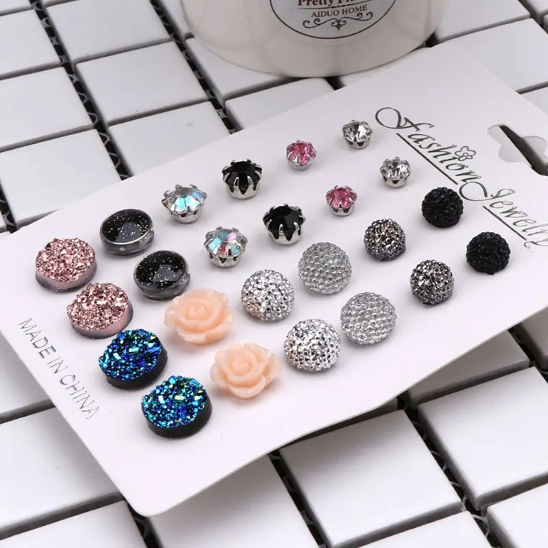 12 Pairs Assorted Crystals Druzy Stone Resin Round Stud Earrings Set Women | Украшения и аксессуары