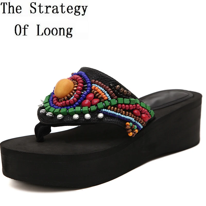 Богемные женские летние шлепанцы на платформе в национальном стиле со шнурками и
