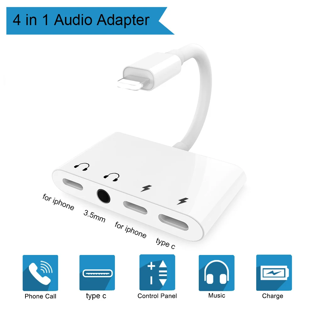 4 в 1 зарядный аудио адаптер сплиттер двойной Lightn порт + USB C 3 5 мм Aux кабель для Iphone X