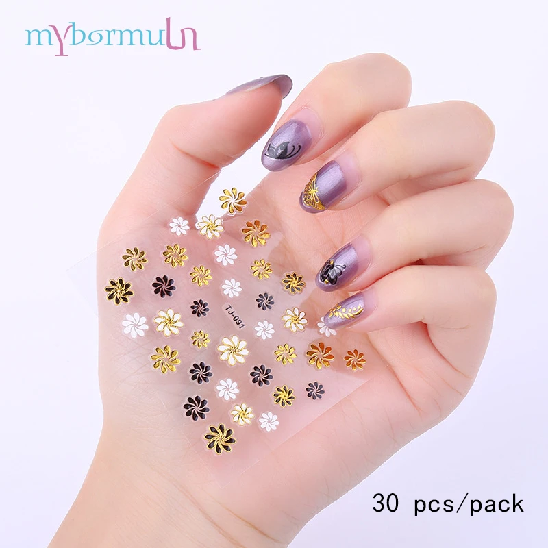 30 листов/упаковка 3D наклейки для ногтей клейкие золотые и черные цветочные узоры