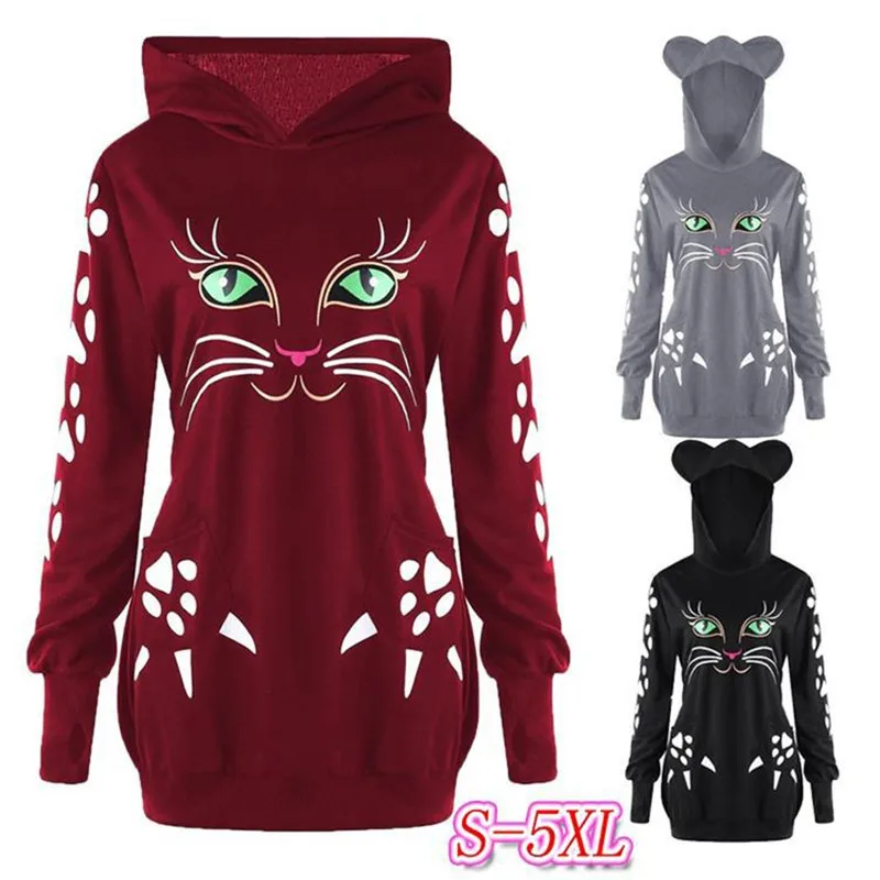 Для женщин уличная Кот из двух предметов: толстовка с капюшоном и рисунком котенка женский в Корейском стиле Одежда Moletom Infantil Menino Got7 негабаритных 5XL осень Harajuku толстовки с капюшоном