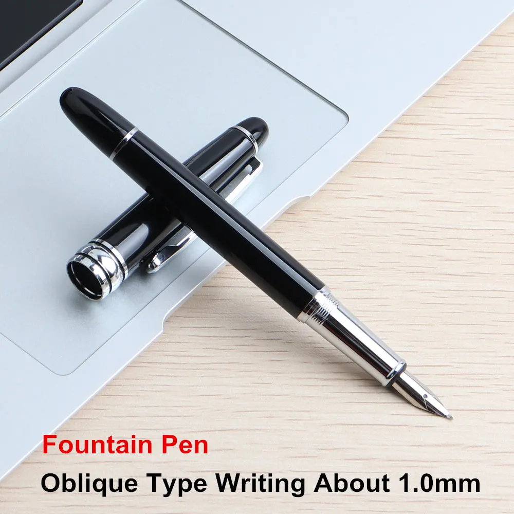 Silver Oblique 1.0mm High Quality Fountain Pen Full Metal Luxury Pens Caneta Office School Stationery Supplies Writing 0.7mm 1mm Black Blue Red Ink - Цвет: Silver Oblique 1.0mm