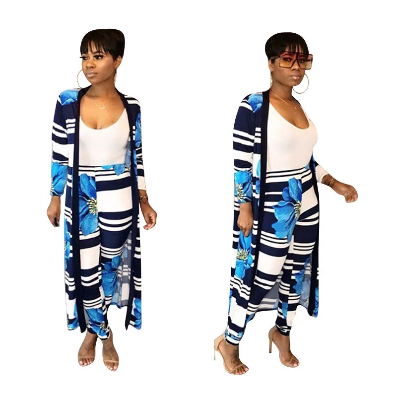 

Two Piece Set Top and Pants Women Spring Autumn Long Sleeve X-Long Duster Coat and Pants Print Flower Casual 2 Piece Outfits