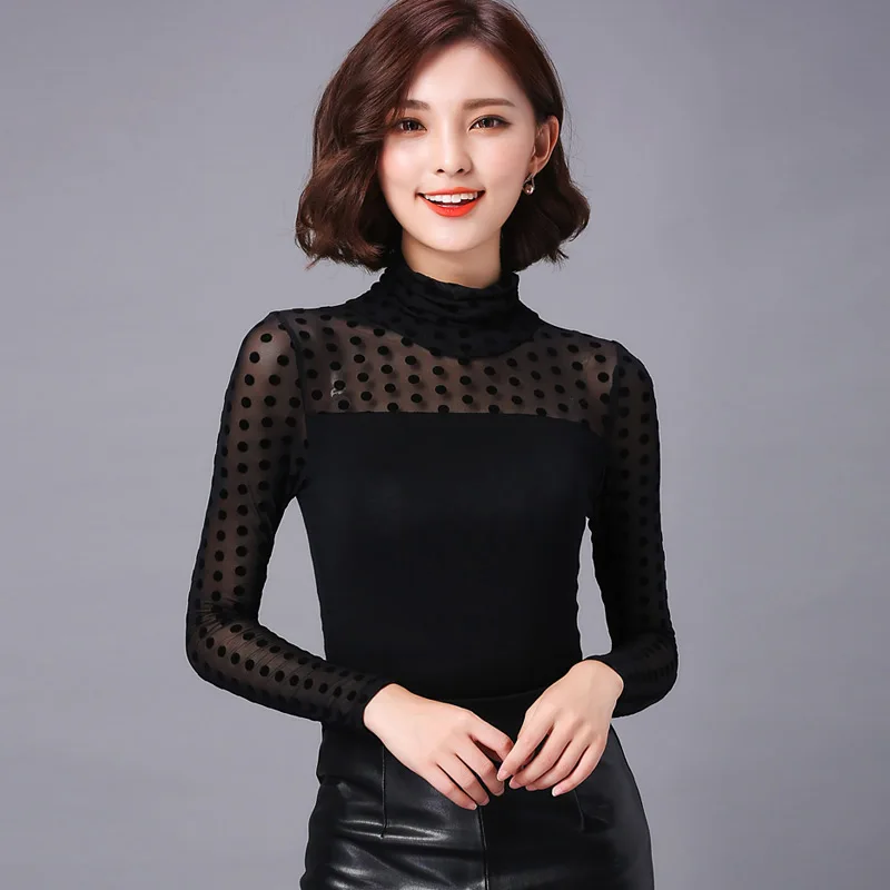 Большие размеры женская черная блузка Топы 2017 Осень Зима длинный рукав водолазка
