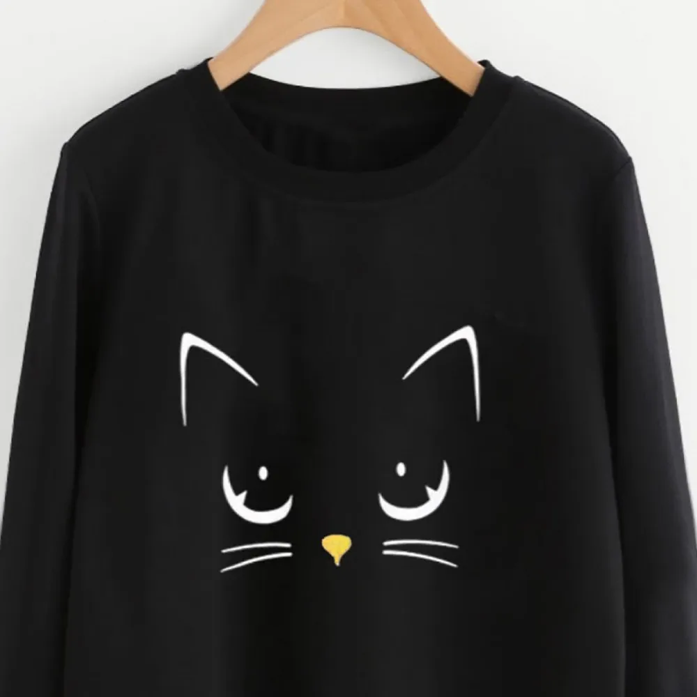 Autumn Winter Women Hoodies Cat Print O Neck Ladies Sweatshirt Casual Long Sleeve Regular Blouse Tops Loose Pullover