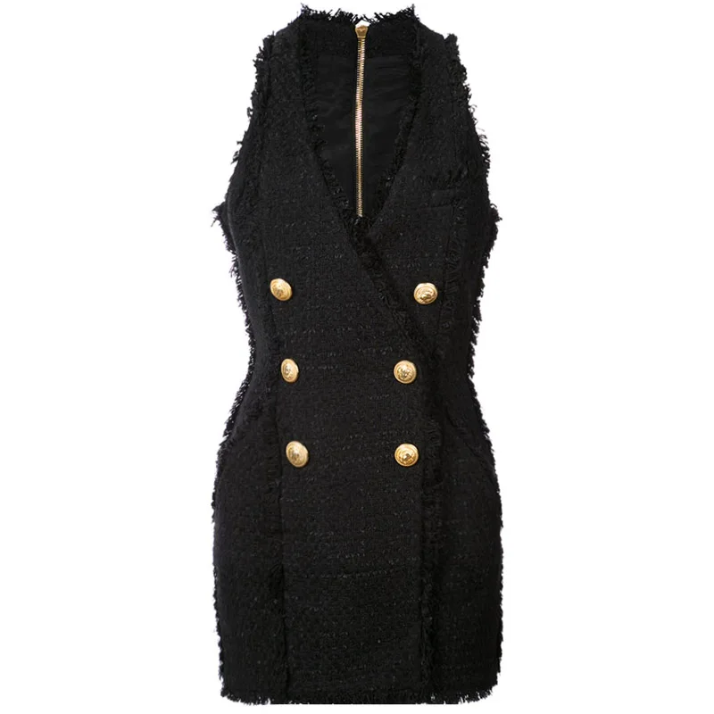 

EXCELLENT QUALITY 2021 Stylish Dress for Women V-neck 6 Buttons Double Breasted Tweed Tank Dress