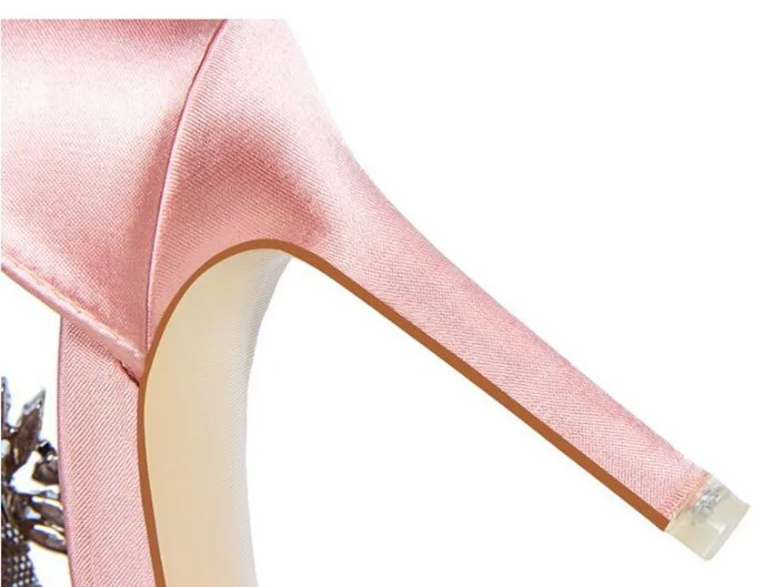 

Luxury Brand Rhinestones Ankle Sandals Lady Party Shoes Buckle Strap Sexy Point Toe Heel Silk Satin High-heeled Pumps Woman Thin