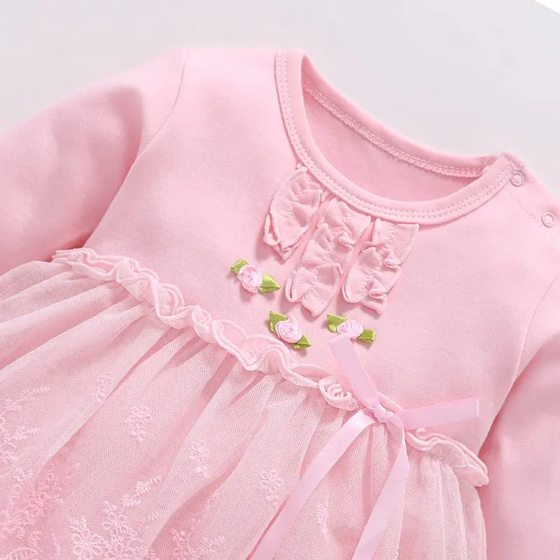 Одежда для новорожденных Однотонный хлопковый кружевной Детский комбинезон