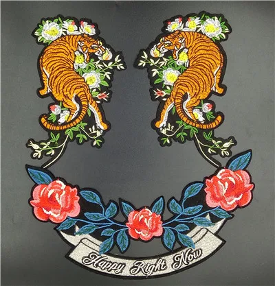 Tigers with flower Качественная большая вышитая нашивка с клеем, тигром, цветком, текстом Мода для футболки - Цвет: Tigers with flower