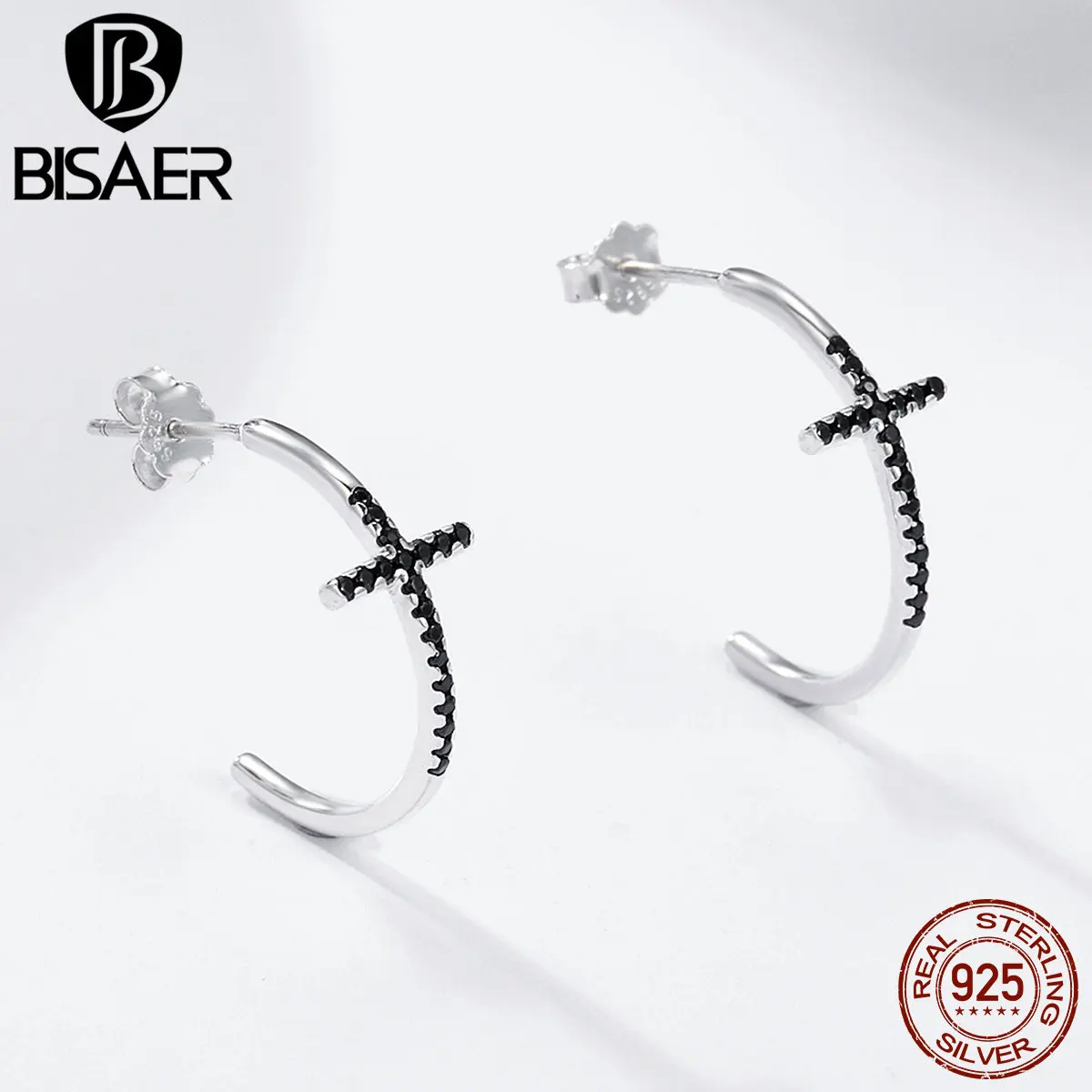 BISAER, подлинные 925 пробы, серебряные, классические, с крестом, Вера, маленькие серьги-кольца для женщин, черные циркониевые серьги с крестом, хорошее ювелирное изделие