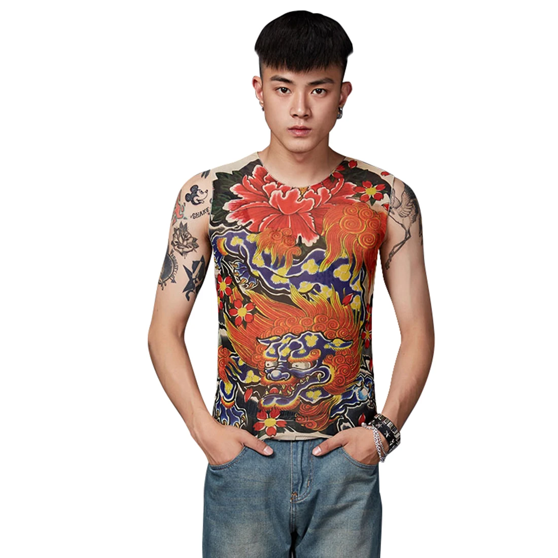 Модный мужской жилет без рукавов с рисунком дракона Будды эластичный Топ для