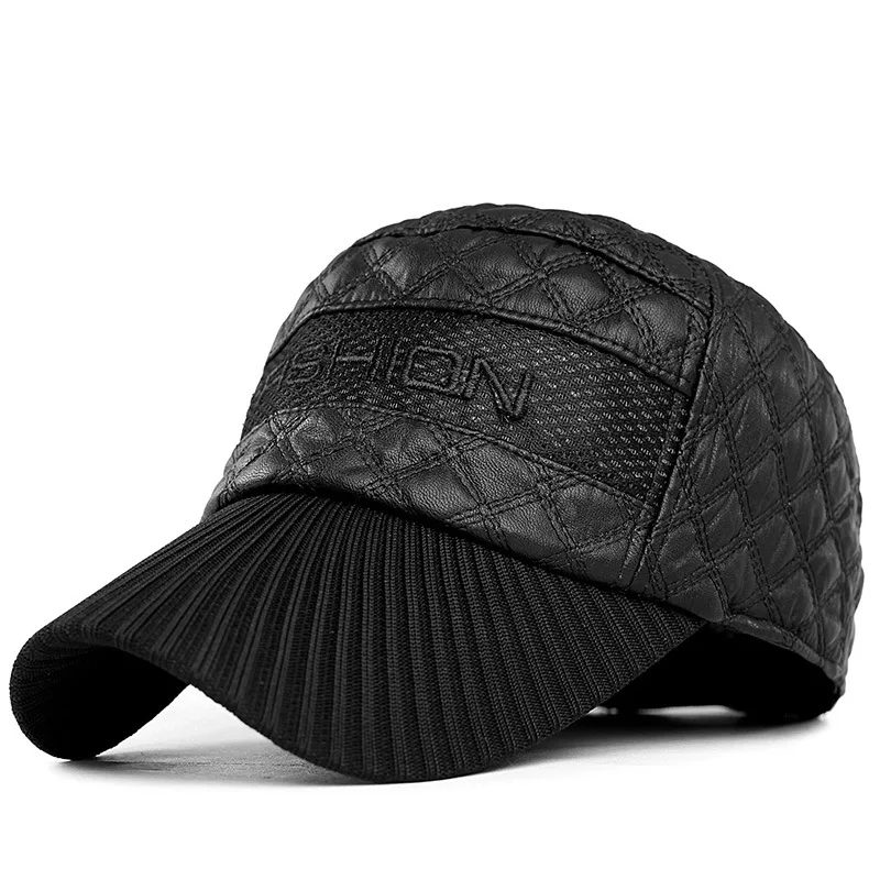 Зимняя мужская кепка s Snapback, теплая бейсбольная Кепка из искусственной кожи с вышитыми буквами, уличная зимняя мужская Кепка с защитой ушей, шапка gorras - Цвет: Черный