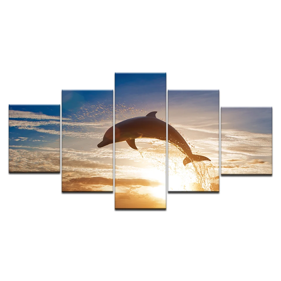 5 шт. HD Печать на холсте Дельфин прыгающий океан Закат художественная группа
