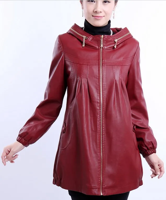 red Женская кожаная куртка больших размеров 5XL, осень и зима, кожаная длинная одежда с капюшоном, хлопковые кожаные женские черные куртки - Цвет: red