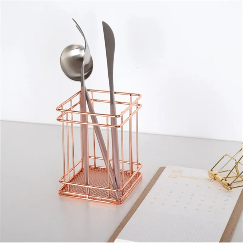 New-Rose Gold Wire Net Pencil / Pen Cup Square Iron Mesh Stationery Organizer Desk Sorter For Office Home Sch | Канцтовары для