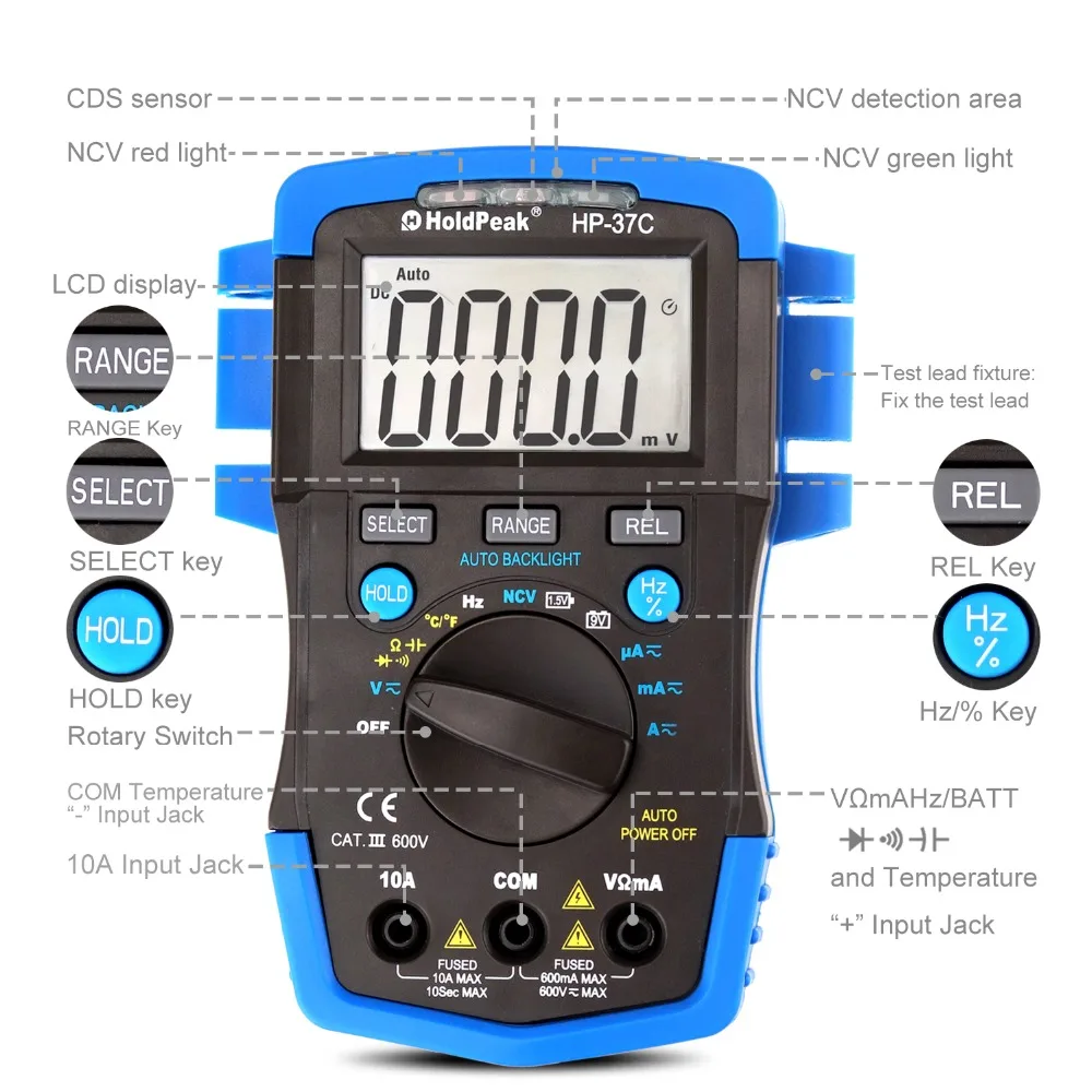 HoldPeak HP 37C Авто Диапазон True RMS цифровой мультиметр Температура измерение емкости и