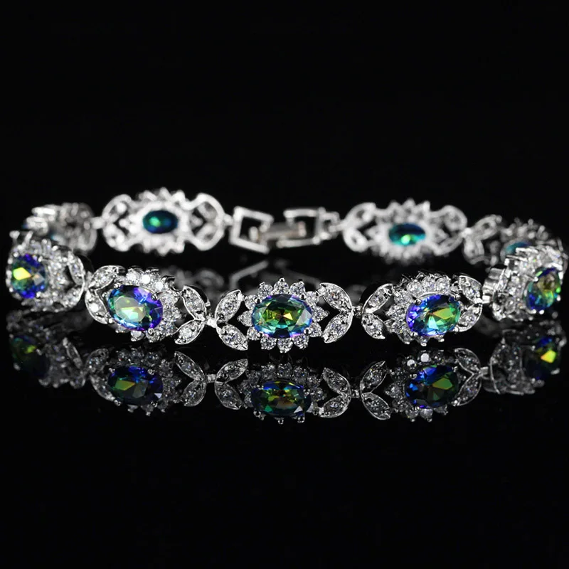 light blue topaz CWWZircons Овальный подлинный мистический Радужный огненный CZ Кристальный браслет цельный 925 пробы Серебряный винтажный подарок для женщин ювелирные изделия CB174 - Окраска металла: light blue topaz