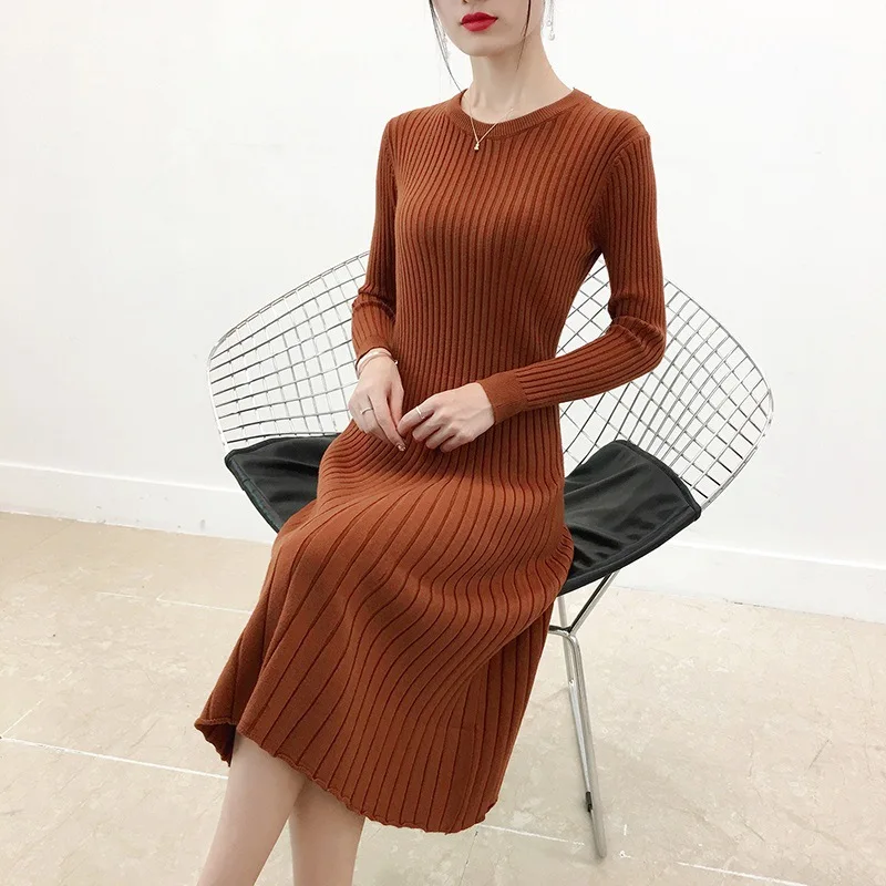 Однотонное длинное платье свитер женские зимние платья 2018 с круглым вырезом
