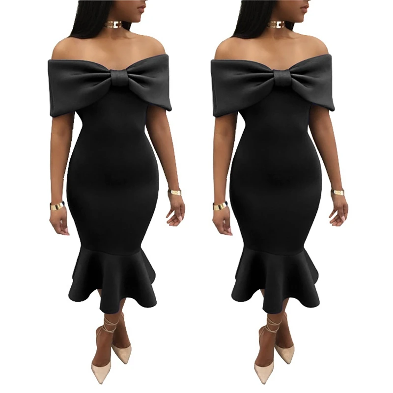 Спереди лук детали с плеча Slash шеи облегающее платье оборками элегантные женские