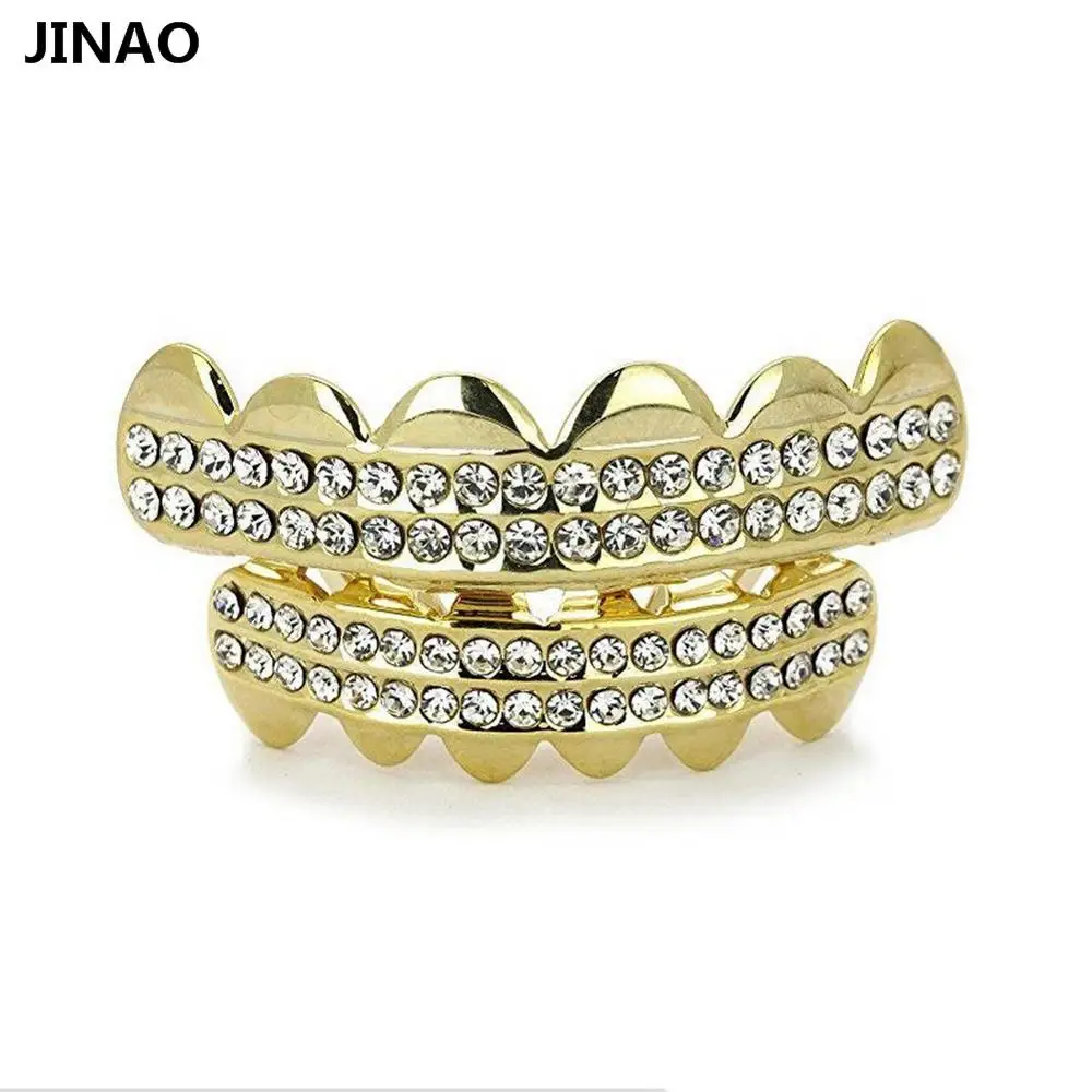 12 комплектов цзинао Позолоченные ICED OUT CZ зубы GRILLZ верхней нижней крышки зуба хип хоп Bling комплект решеток для Рождества - Окраска металла: 2 lows gold