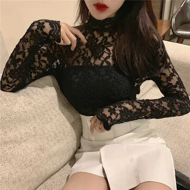 Женская кружевная блузка с высоким воротом черная/белая длинным рукавом C5196 |