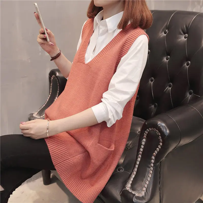 Женский вязаный жилет средней длины свободный свитер без рукавов с V образным