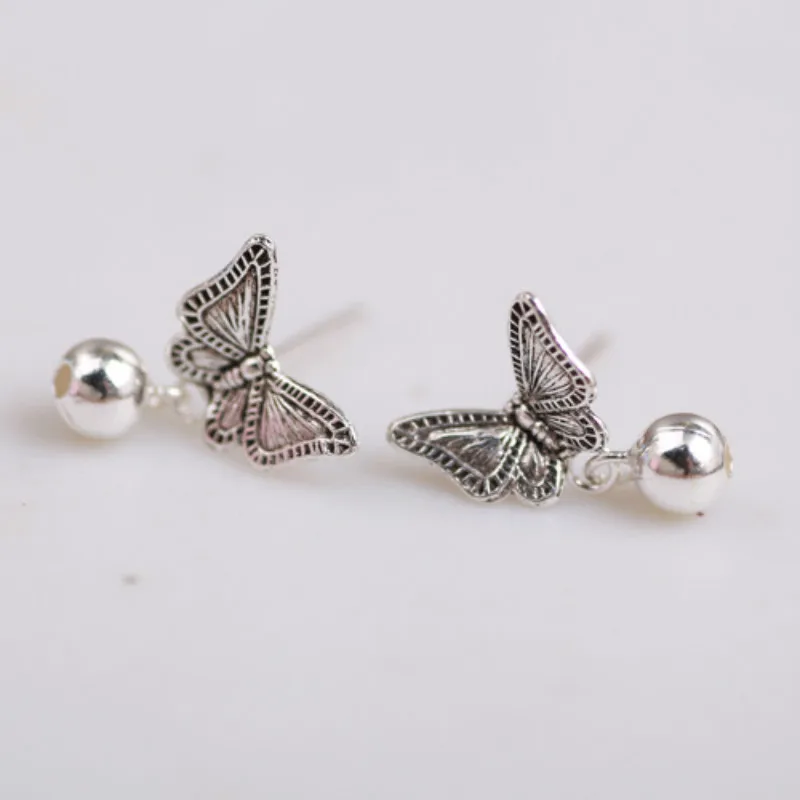 925 пробы серебряные Аутентичные винтажные тайские бабочки с круглыми бусинами