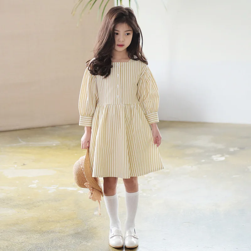 2018 Korean Girls Dress Spring Autumn Seven-point Sleeves Striped Bow Retro Square Collar Children Cotton Dresses for Teenagers | Детская