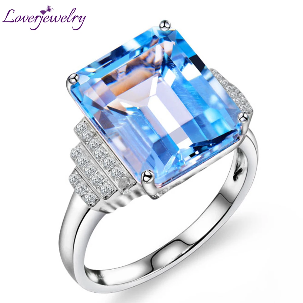 

LOVERJEWELRY Fashion Style Rings for Women Vintage Emerald Cut Natural Diamond Topaz Gemstone Ring Solid 14K White Gold 10x12mm