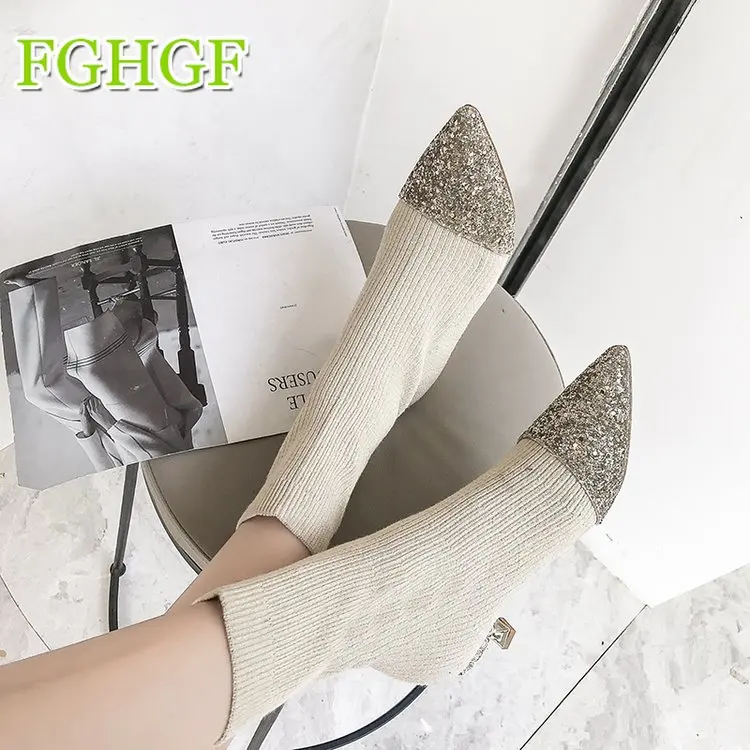 Для женщин носок сапоги ботинки до середины икры со стразами Женская обувь на