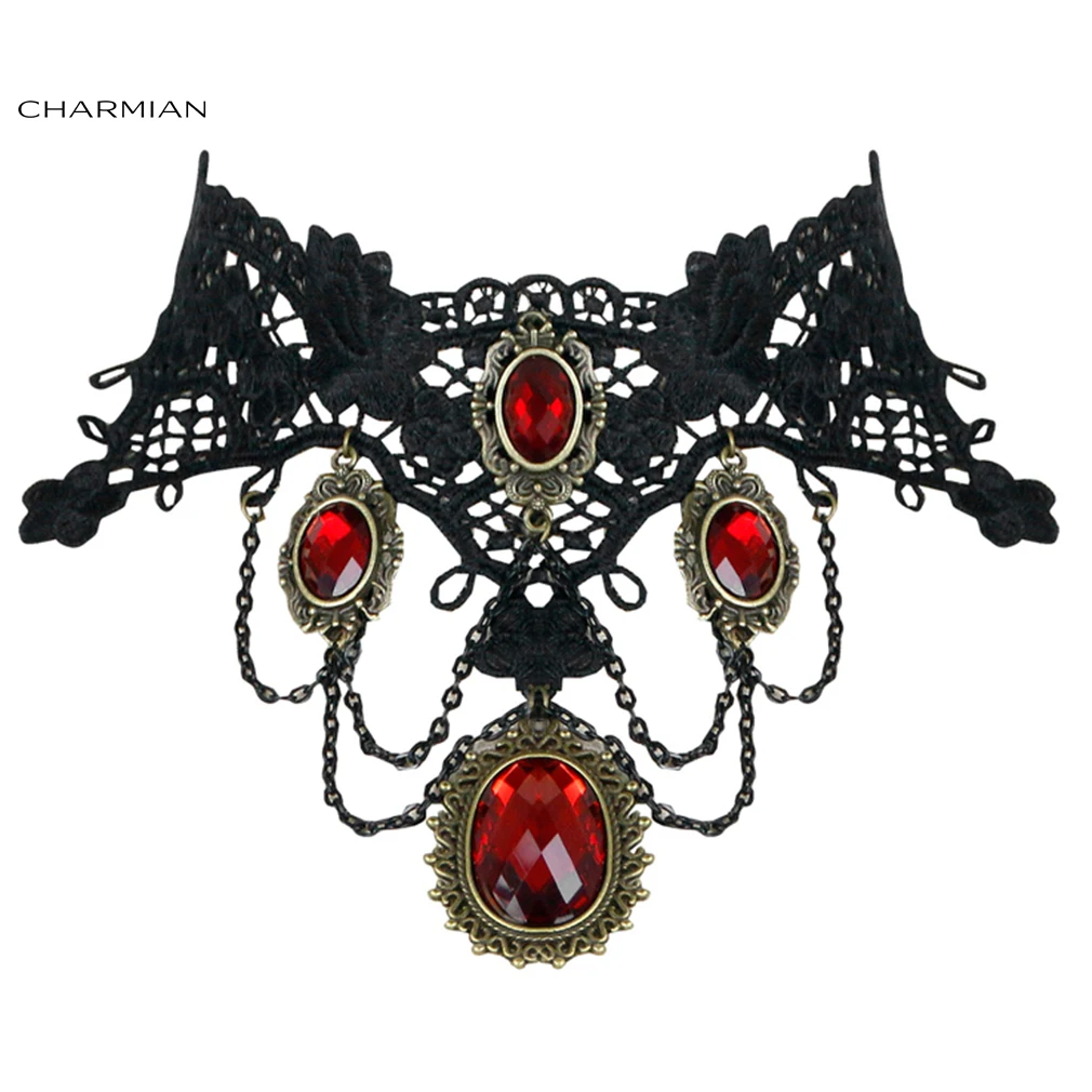 

Charmian Vintage Gothic Victorian Lace Red Gem Choker Necklace Accessories