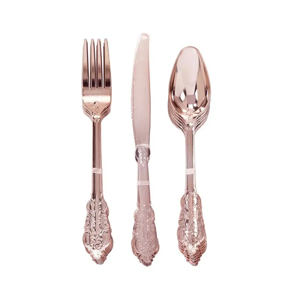 Rose Gold 12 шт одноразовые имитирующие Металлические Пластиковые Золотые серебряное гравированное тисненые столовые приборы Западный элемент сервировки для свадебного стола Набор A - Цвет: Rose Gold