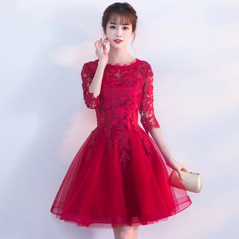 Robe de soiree/красное кружевное вечернее платье с круглым вырезом и короткими рукавами из тюля ТРАПЕЦИЕВИДНОЕ платье для выпускного вечера платья для дня рождения - Цвет: Wine Red