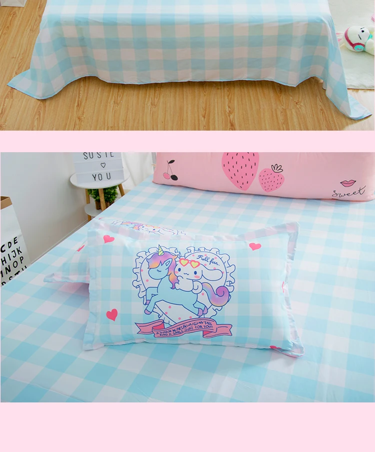 4 шт./компл. прекрасный с единорогом в стиле аниме Cinnamoroll хлопок Постельное белье с мультяшным рисунком постельное белье решетки пододеяльник, простынь, наволочки