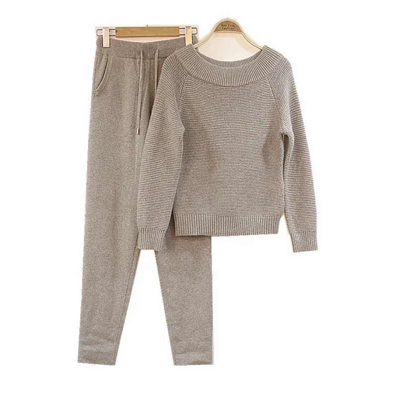 The New Arrival Hot Sale Wool 2018 Winter Fashion Cashmere Knitted Suit Collar Mink Sweater Long Sleeve Elegant Two Piece Pants | Женская