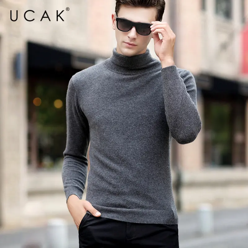 Темно-серый UCAK, брендовый мужской свитер, классический, Повседневный, Pull Homme, чистый мериносовый шерстяной пуловер для мужчин, Осень-зима, кашемировый свитер с высоким воротом, U3004 - Цвет: Темно-серый