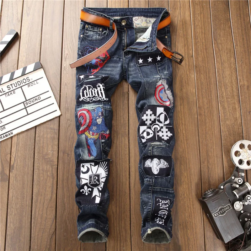 New arrival slim fit straight men jeans patchwork patches elastic scratched stylish denim pants nightclub punk trousers youth