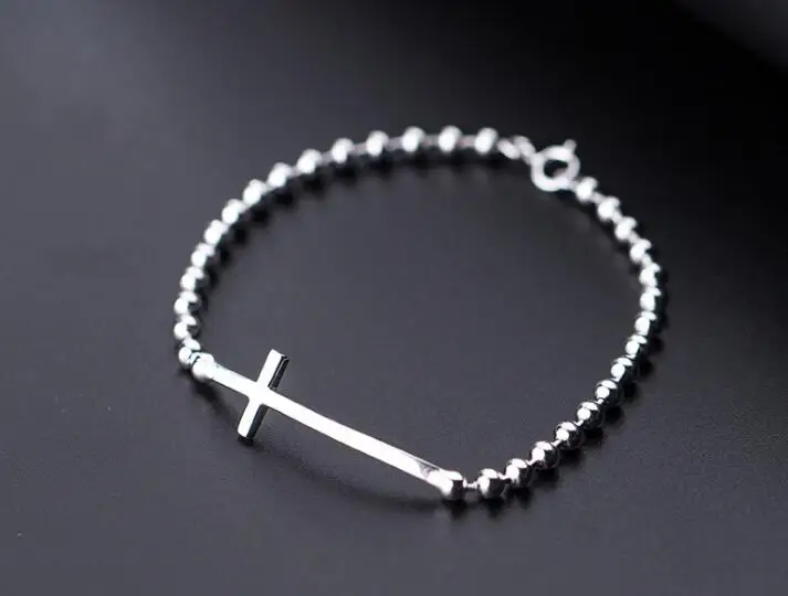

17CM Authentic REAL. 925 Sterling Silver Fine Jewelry Lucky round ball beads &Religion Cross Chain Bracelet adjust GTLS829